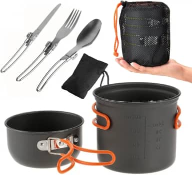 Kit Panelas Alumínio Táticas Compactas Camping trekking Pesca 2 Pçs + Talheres 3 Pçs
