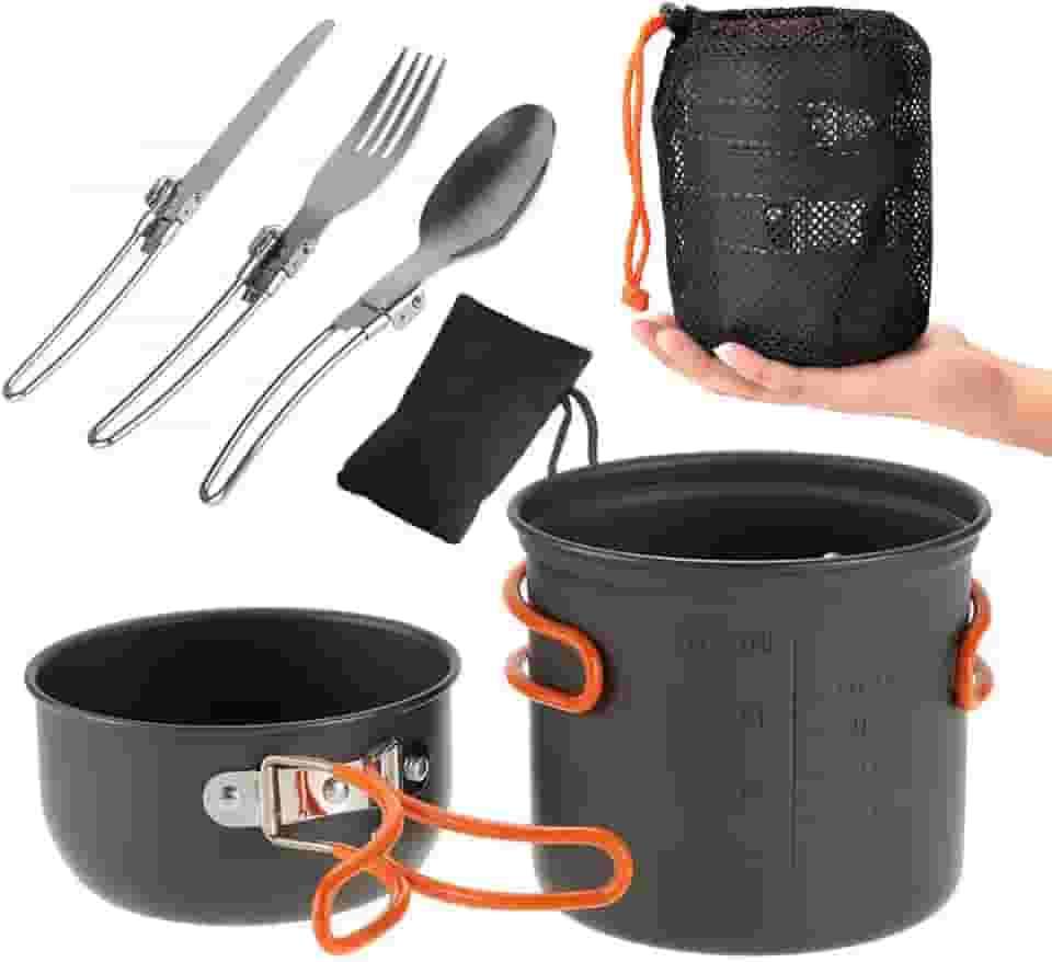 Kit Panelas Alumínio Táticas Compactas Camping trekking Pesca 2 Pçs + Talheres 3 Pçs