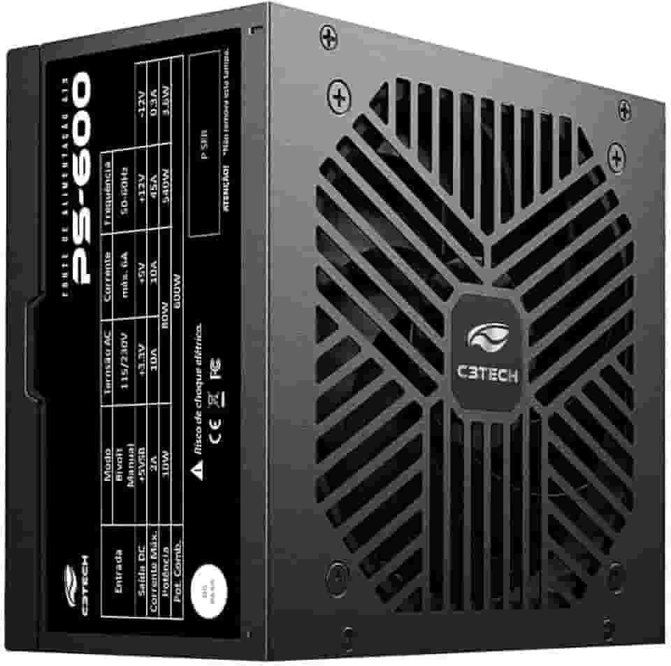 C3Tech Fonte Gamer ATX 600w PS-600BK, preta, Bivolt 115/230v, cabo Flat