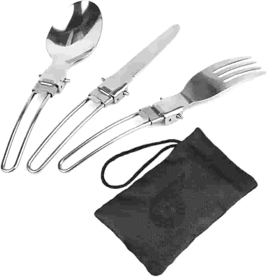 Kit Talheres Dobráveis Aço Inox 3 Peças Com Estojo Para Camping