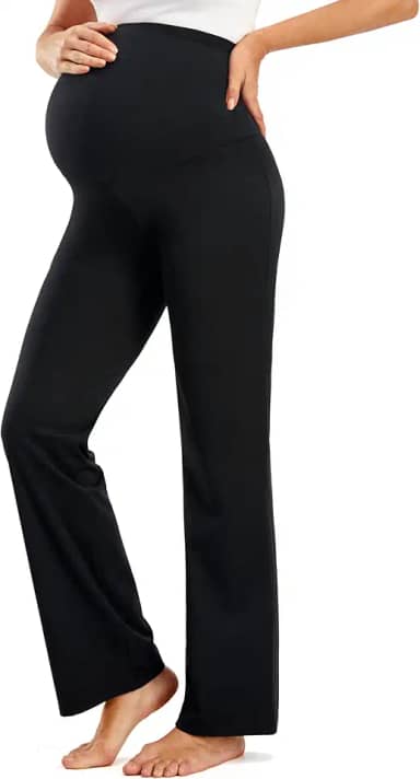 Calça de trabalho para gestante macia com sensação suave e perna reta sobre a barriga