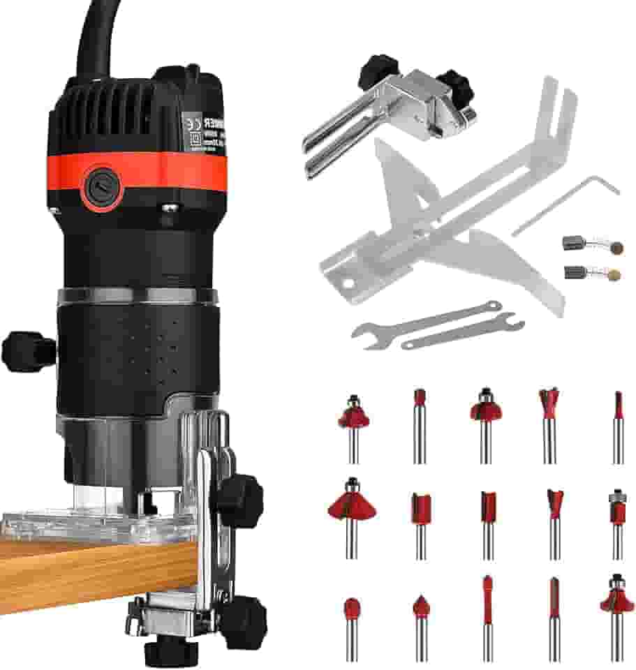 Tupia Manual 110V 800W, Fresadora Manual para Madeira, Tupia para Trabalhos em Madeira, 30000 RPM Aparador de Bordas Compacto, com Conjunto de Fresas de Carboneto de Tungstênio de 1/4"