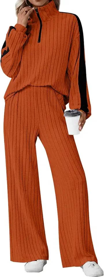 Conjunto de 2 peças de moletom feminino de malha canelada, aconchegante, meio zíper, conjunto de agasalho jogger de perna larga, Caramel, Large