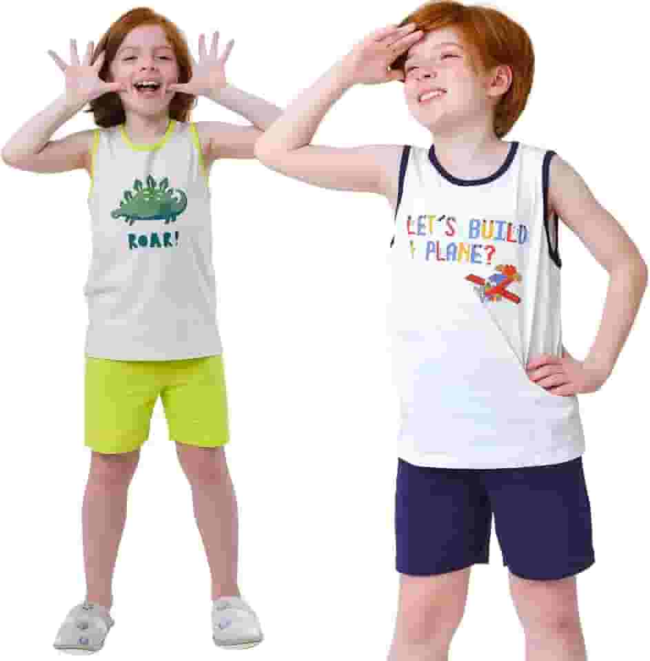 Kit 2 Pijamas Verão Infantil Unissex Menina ou Menino, 100% Algodão, Conforto e Estilo.