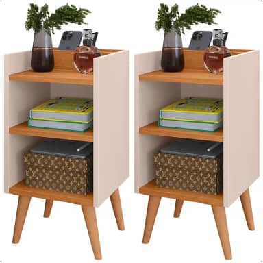 Mesas de Cabeceira Charme Compacta com Pés Retrô Nicho e Prateleira Conjunto com 2 Unidades (Off White/Cinamomo)