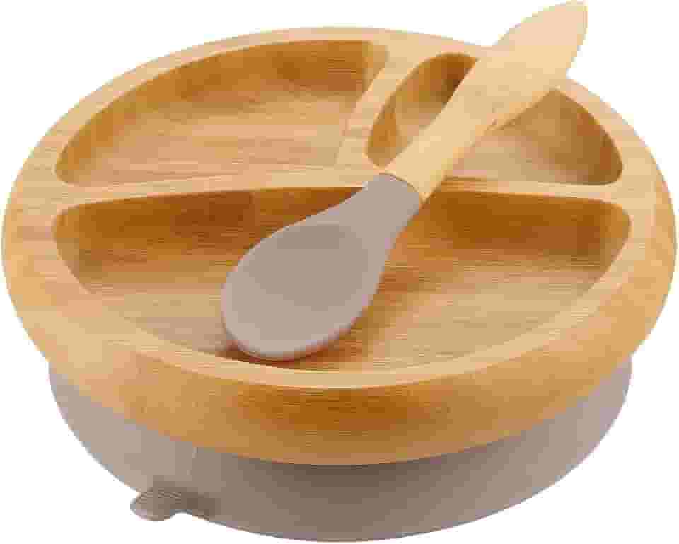 Prato Bambu Bebe Alimentação Smile com Ventosa de Silicone Cinza e Colher ponta Silicone