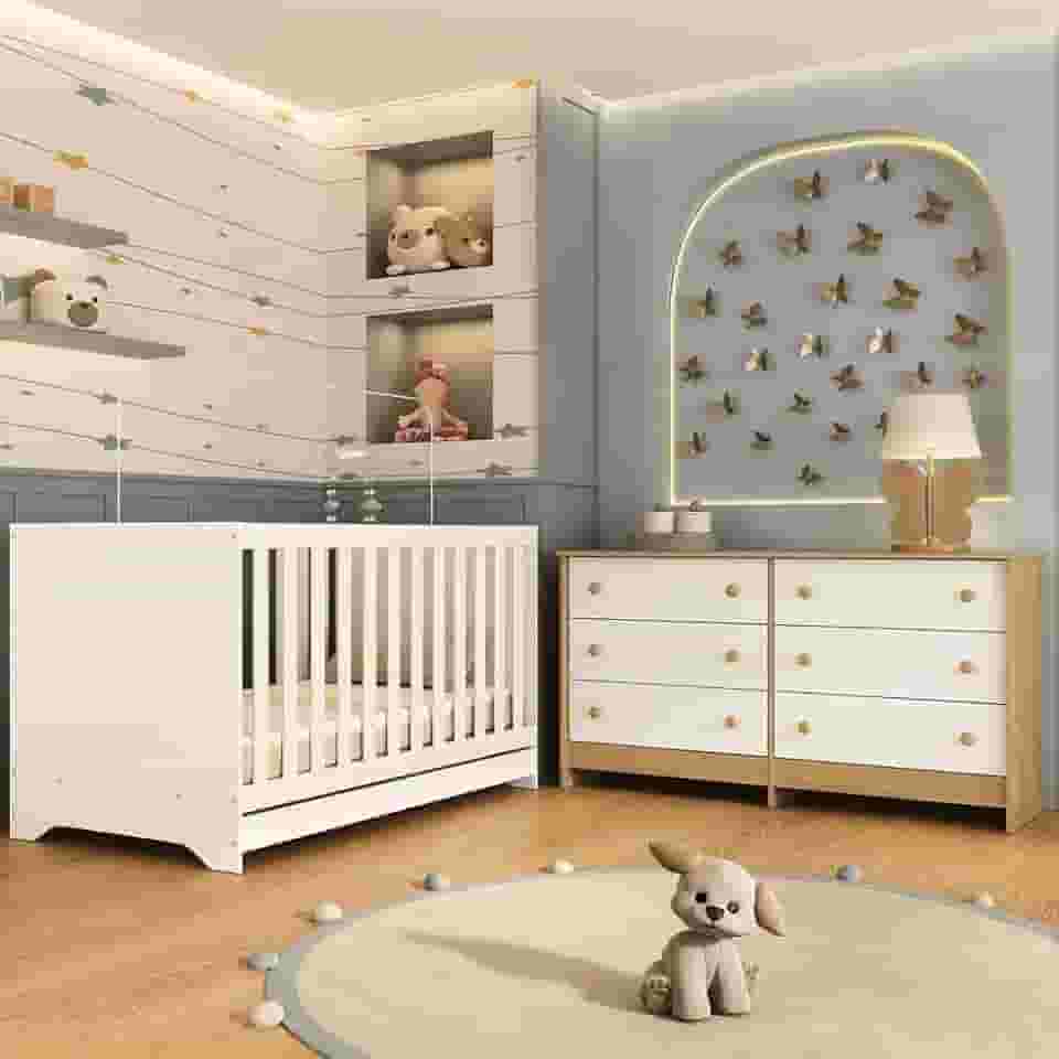 Berço Americano 3 em 1 para Colchão 130x70cm com Cômoda Caramelo Multimóveis Mp4677 Branco/madeirado