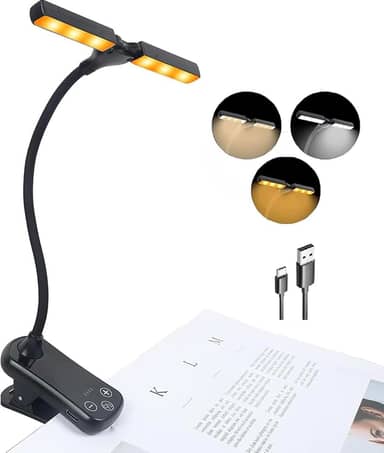 Lâmpada de Leitura LED Recarregável com Duas Cabeças e Clipe, 3 Cores Ajustáveis e Brilho Regulável - Design Minimalista em Preto para Mesa, Cabeceira e Escritório