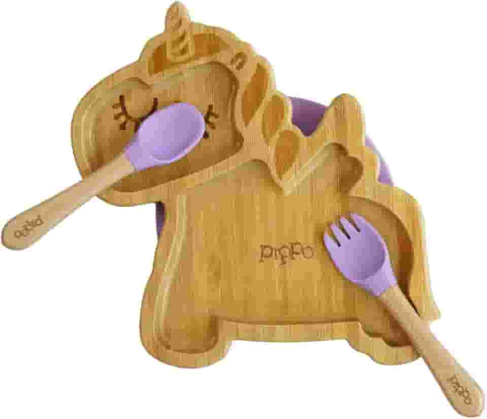 Kit Prato de Bambu Unicornio + Talheres em Bambu e Silicone Lavanda | Pippo