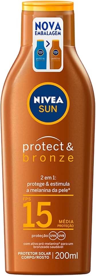 NIVEA SUN Protetor Solar Protect & Bronze FPS15 200ml - Com ativo de pró melanina, resistente à água, protege dos raios UVA/UVB, ajuda a manter a cor bonita e uniforme por mais tempo