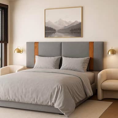 Cabeceira Dobrável Arte em linho cinza Estofada com Detalhe em caramelo1,58 Para Cama Queen