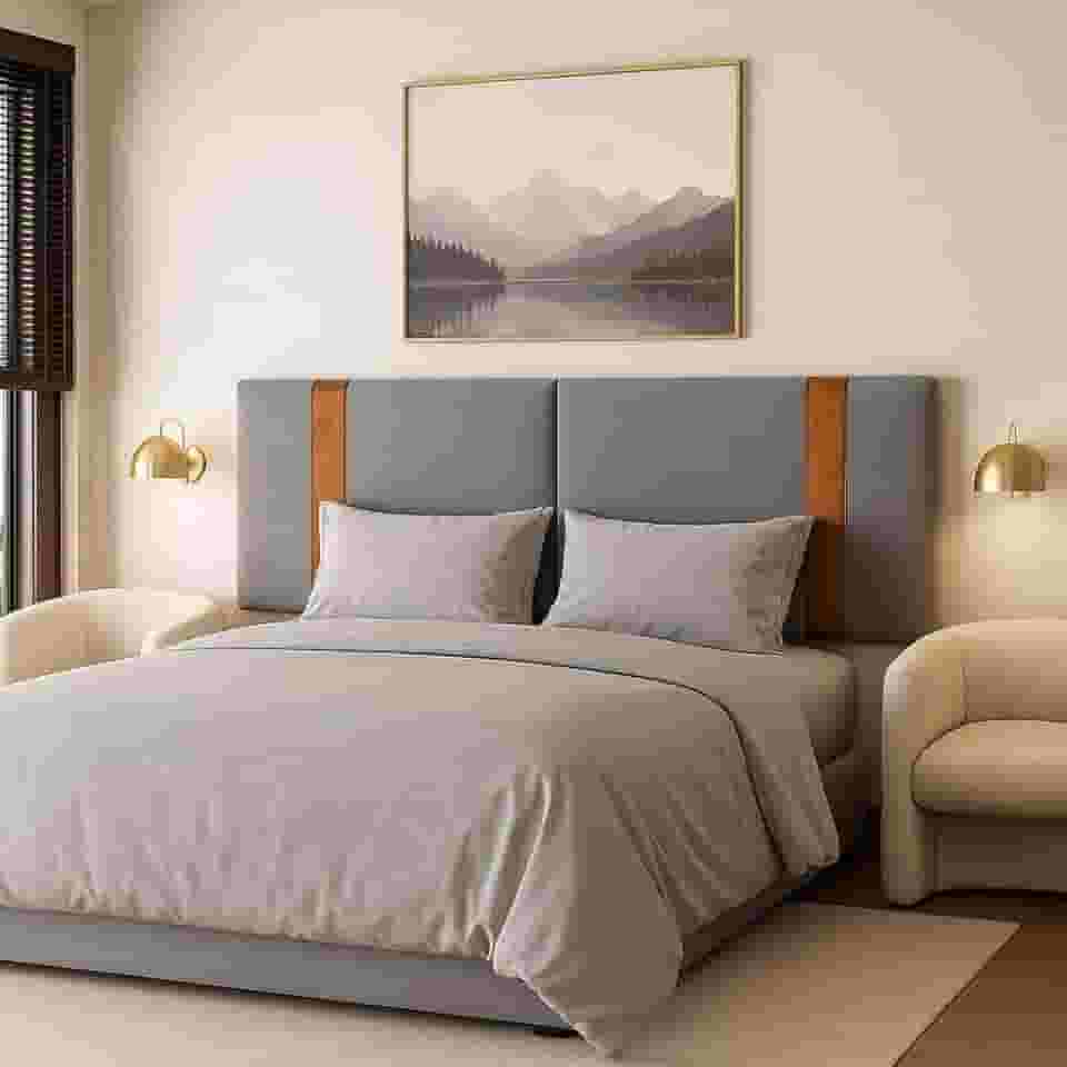 Cabeceira Dobrável Arte em linho cinza Estofada com Detalhe em caramelo1,58 Para Cama Queen