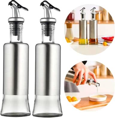 Kit 2 Galheteiro Porta Azeite Azeiteiro 300 Ml de Vidro Aço Inox Com Bico Dosador para Servir