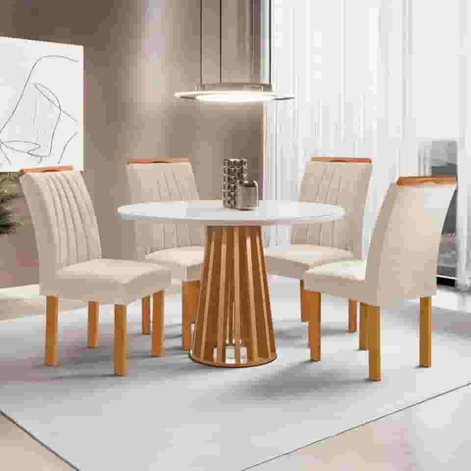 Conjunto Mesa Tampo Redondo Plus Vidro Kansas 100cm 4 Cadeiras Arizona Cinamomo/off White/suede Bege