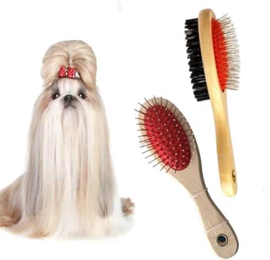 Escova Dupla para Pelos Longos de Cachorros e Gatos com Cabo de Madeira para Desembaraçar Pelos de Pet