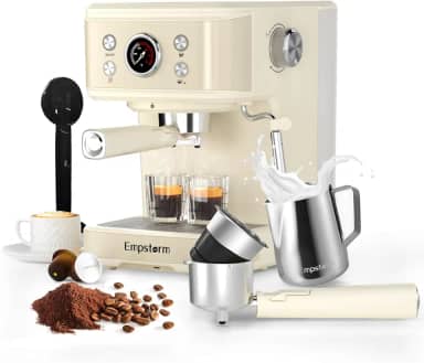 Empstorm - Máquina de café café café com leite 20 barras, máquina de cappuccino profissional 3 em 1 com cápsula E.S.E e varinha de vapor de espuma de leite compatível com cápsulas originais NS para