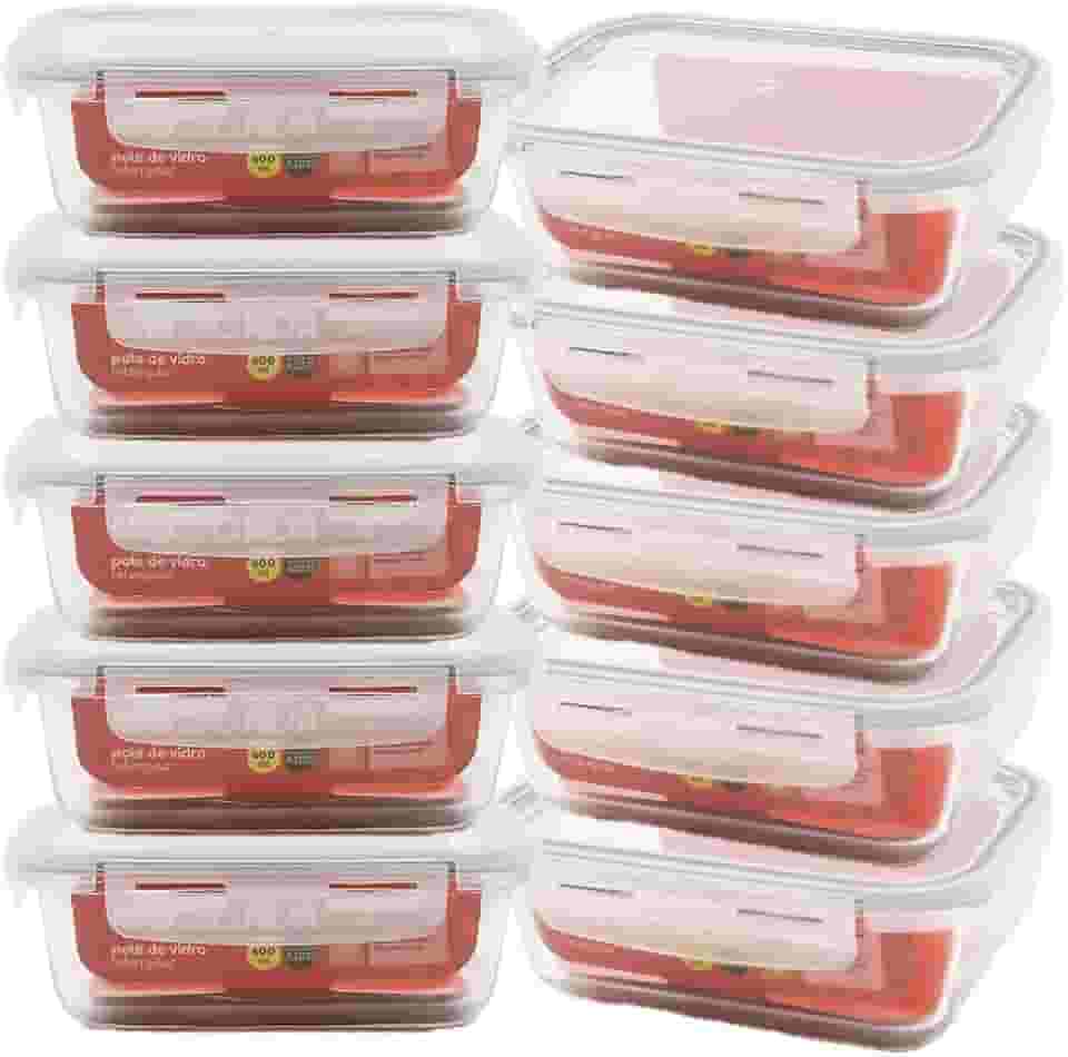 Mozcada - Kit 10 Potes de Vidro Marmita 600ml Hermético com Trava Retangular