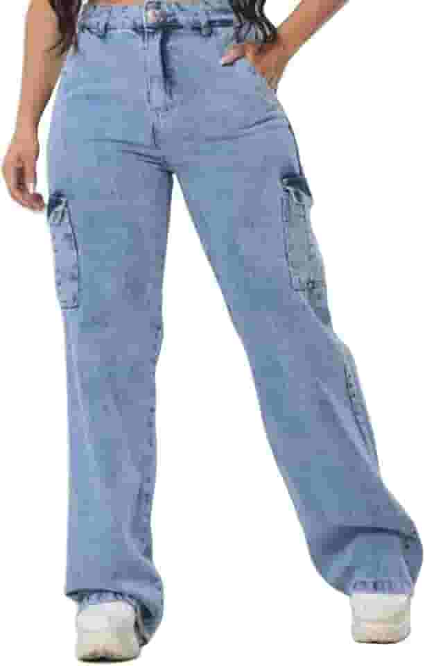 Calça Jeans Azul Claro Cargo Wideleg Cintura Alta