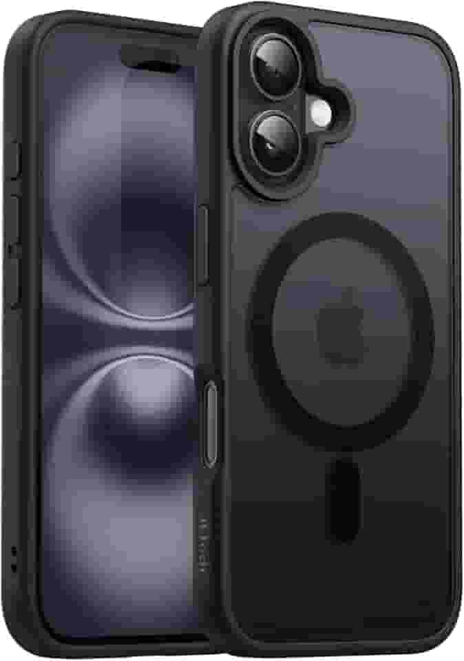JETech Capa Magnética para iPhone 16 6,1 Polegadas Compatível com MagSafe, Case de Telefone Fina e à Prova de Choque com Capinha Parte Traseira Fosca Translúcida (Preto)