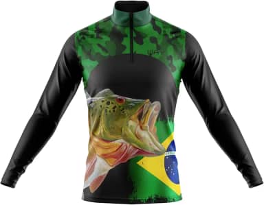 Camisa de Pesca Masculina Tucunaré Brasil Manga Longa Gola Alta Estampa Camuflada Peixe Proteção Solar Antimosquito