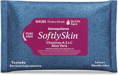 64Un Lenço Umedecido Demaquilante Softly Skin - Com Vitaminas - Suave, Eficaz e Ideal para Remoção de Maquiagem e Cuidados com a Pele