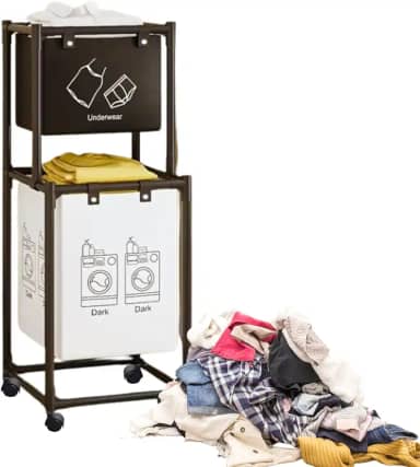 Cesto de Roupas Sujas Duplo Móvel Com Rodas Lavanderia Banheiro Organização