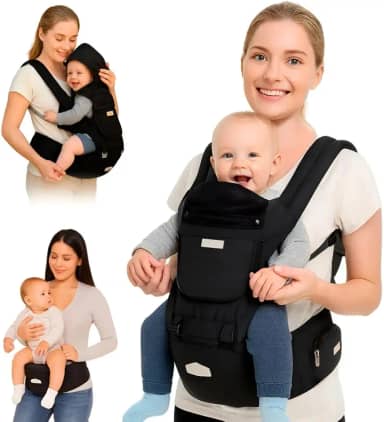 AIEBAO Mochila Bolsa Canguru Exclusive Para Bebê, Assento Ergonômico, Protetor de Sol e Chuva, 03 Modos de Uso, Apoio Lombar, Bolso Frontal e Lateral com Zíper, Até 48 Meses, Suporta 36kg, Acolchoado, Fivelas Ajustáveis, Preto.