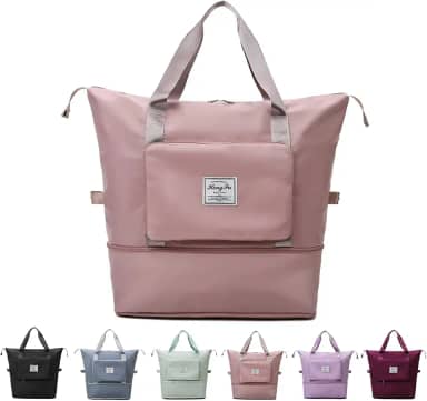 Bolsa de viagem dobr�vel de grande capacidade, port�til dobr�vel bolsa esportiva de tecido Oxford � prova d'�gua, bolsa esportiva de separa��o seca e molhada para mulheres (rosa)
