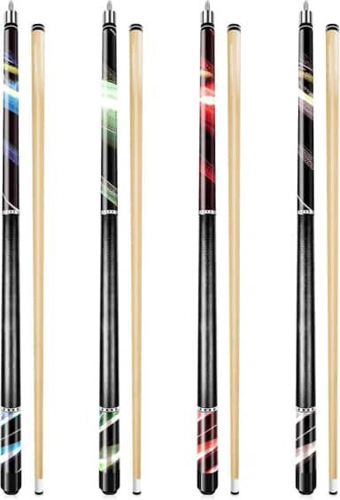 Wakefa 58 inch Pool Sticks Set of 4, 13mm Tip Pool Cues Billiard Cue Sticks for House Bar, Maple Wood Pool Table Sticks with 2 Chalk for Professional Billiard Players 18 19 20 21 oz