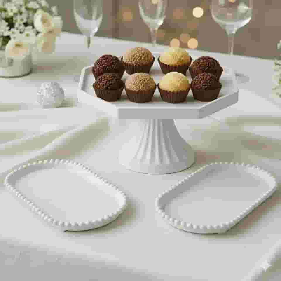 Kit Boleira com Pé + 2 Bandejas Brancas – Decoração para Mesa de Festa e Aniversário