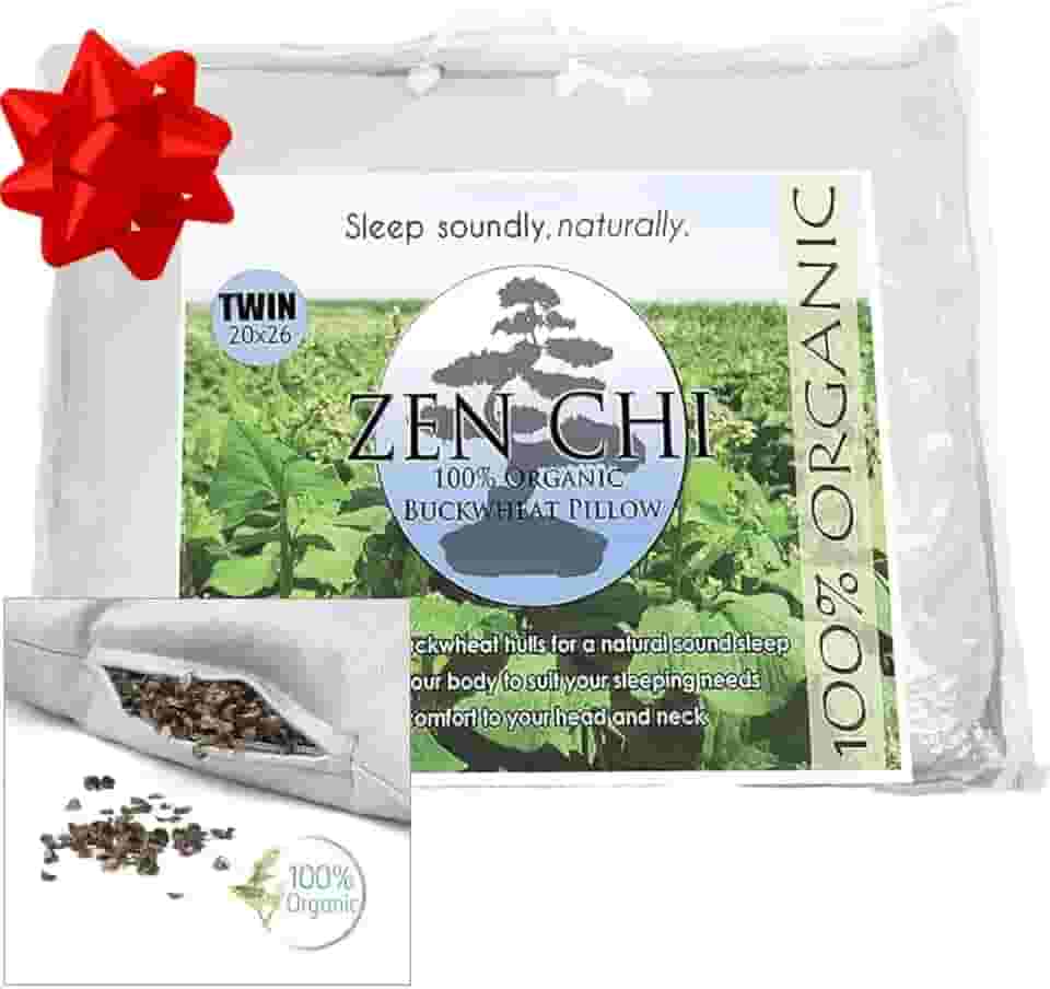 ZEN CHI Travesseiro de trigo sarraceno - tamanho solteiro orgânico (51 x 66 cm) com tecnologia de resfriamento natural - Capa de algodão com cascos orgânicos de trigo sarraceno - Mantenha o efeito