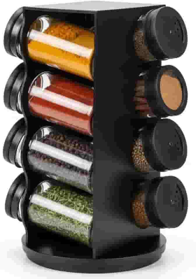 Porta Temperos Giratório com 8 Potes de Vidro 80ml Preto, Organizador de Condimentos para Cozinha, Ideal para Bancada e Armário, Organização e Praticidade
