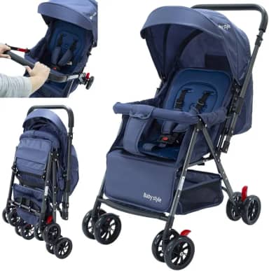 Carrinho de Bebê Reversível Passeio Runner até 15kg com Capota Retratil Reclinável Bandeja Cesto 4 Rodas Travas Cinto 5 Pontos e INMETRO (Azul)