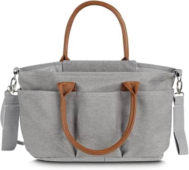 Bolsa maternidade multifuncional em poliéster 300d com detalhes em pu, 5 compartimentos externos, divisórias internas removíveis, compartimento térmico, alças de ombro e mão, engate para carrinho