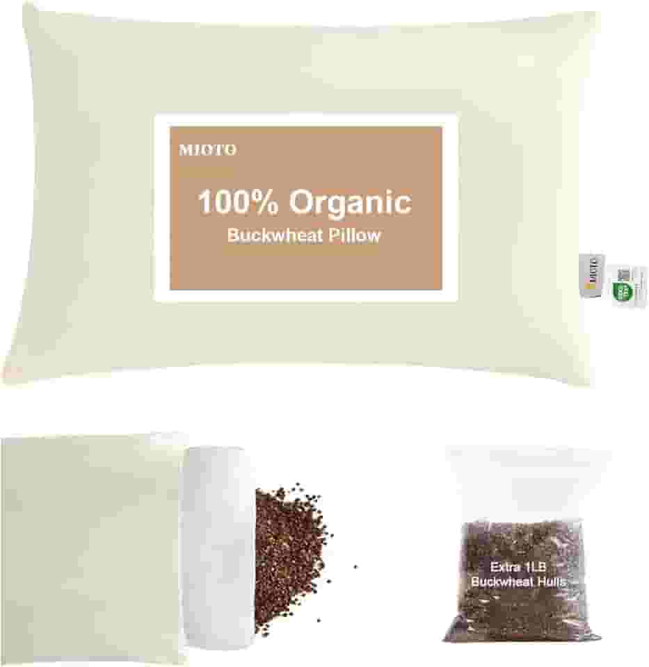 MIOTO Travesseiro orgânico de trigo sarraceno para dormir com fronha de camada dupla e cascos de trigo sarraceno extra tartário, ajuste de altura e firmeza, travesseiro de suporte de pescoço para
