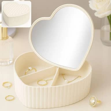 Porta-Joia em Formato de Coração com Espelho – 3 Compartimentos Organizadores – Estojo Portátil para Bijuterias e Acessórios – Ideal para Viagem, Presente ou Organização