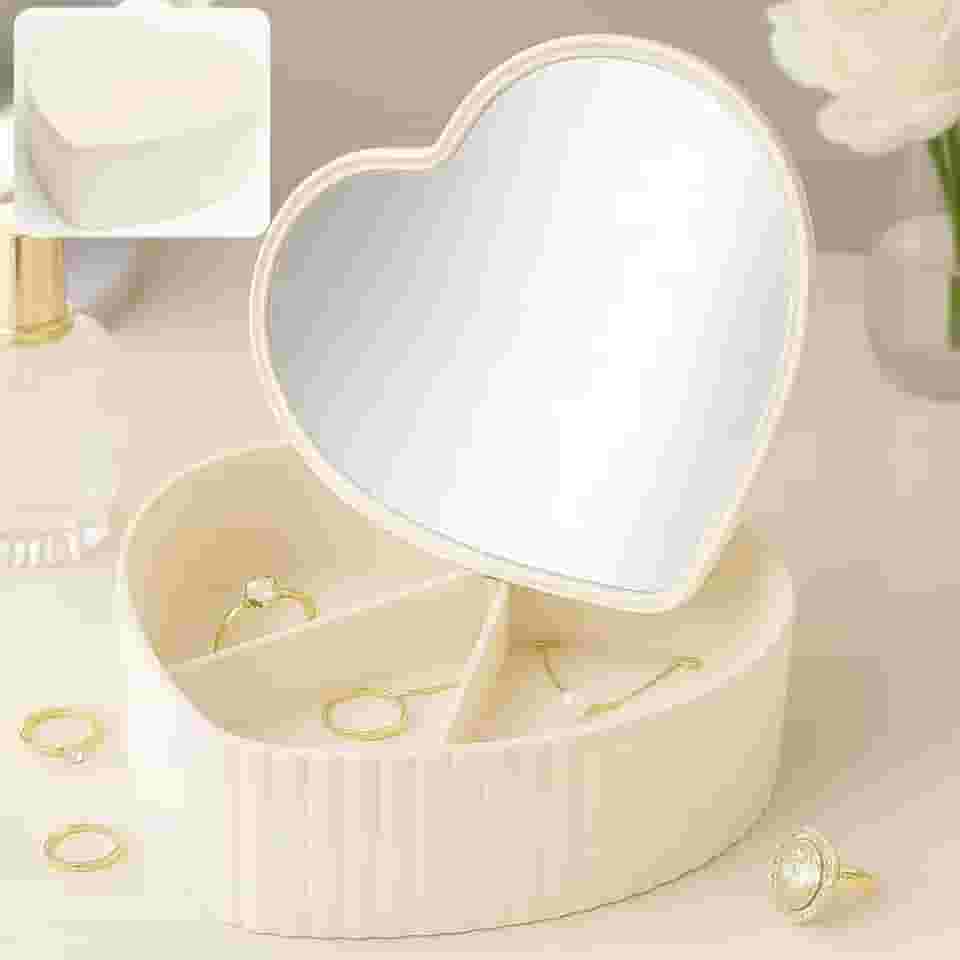 Porta-Joia em Formato de Coração com Espelho – 3 Compartimentos Organizadores – Estojo Portátil para Bijuterias e Acessórios – Ideal para Viagem, Presente ou Organização