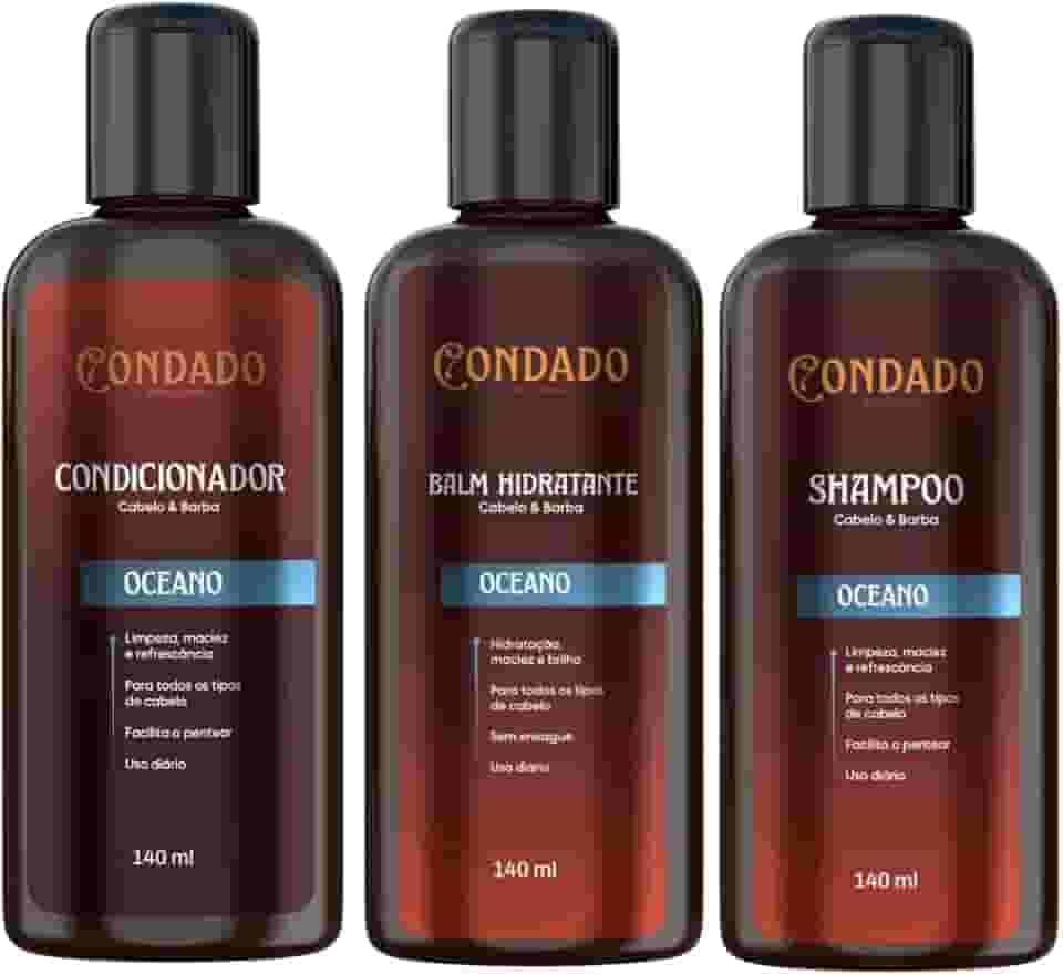 Kit Shampoo Condicionador Balm Hidratante Masculino Refrescante Cabelo Barba Hidratação Limpeza Condado (Oceano (Refrescante))