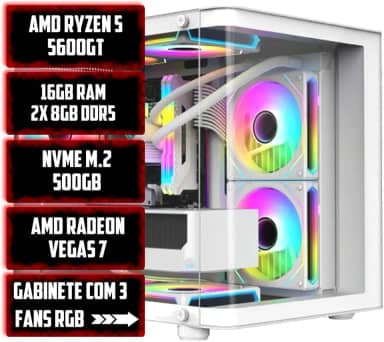 PC GAMER AQUARIO WHITE 5600GT| 16GB RAM| 500GB| RADEON VEGAS 7| GABINETE COM 3 FANS RGB