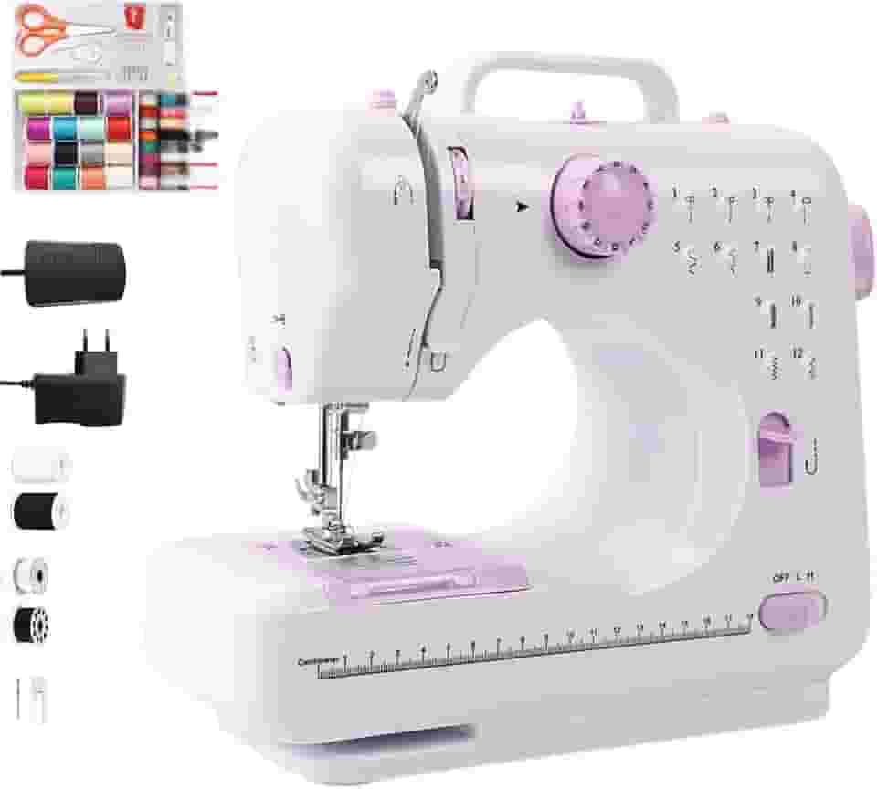 Mini Máquina de Costura Portátil 110–220V com 12 Pontos e Pedal | Compacta, Elétrica e Doméstica | Velocidade Ajustável, Kit Completo com Linhas Coloridas e Tesoura