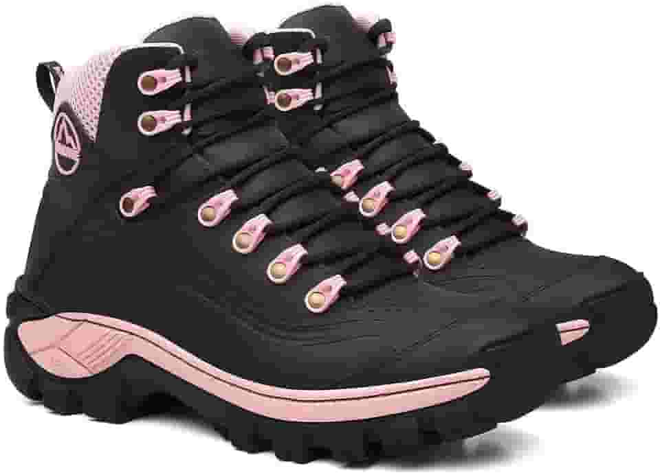 Botina de Trabalho Feminina Couro c/CA e Biqueira de PVC Preta C/Rosa