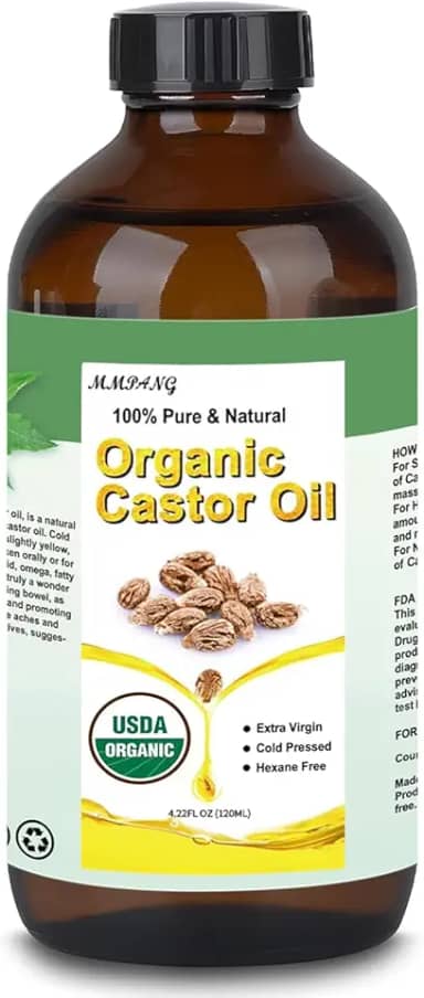 Óleo de rícino orgânico (frasco de vidro de 120 ml) Certificado USDA 100% puro natural, prensado a frio, sem hexano. Óleo de rícino para crescimento do cabelo, cílios mais grossos e