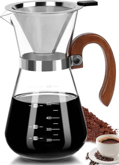 Cafeteira com Coador de Aço Inox, para 600ml, Coador de Cafe, Passador de Café Vidro Borossilicato com Cabo de Bambu e Filtro de Aço Inoxidável Reutilizável de Dupla Filtragem, Coador de Cafe Vidro