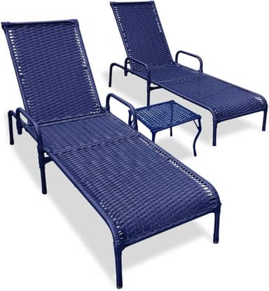 Conjunto de Espreguiçadeiras para Jardim, 2 Cadeiras Reguláveis com Mesa, Fibra Sintética (Azul)