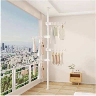 Varal de Teto Vertical Ajustável, 4 Níveis com Hastes Retráteis, Branco, Sistema de Fixação Teto-Chão para Lavanderia e Varanda
