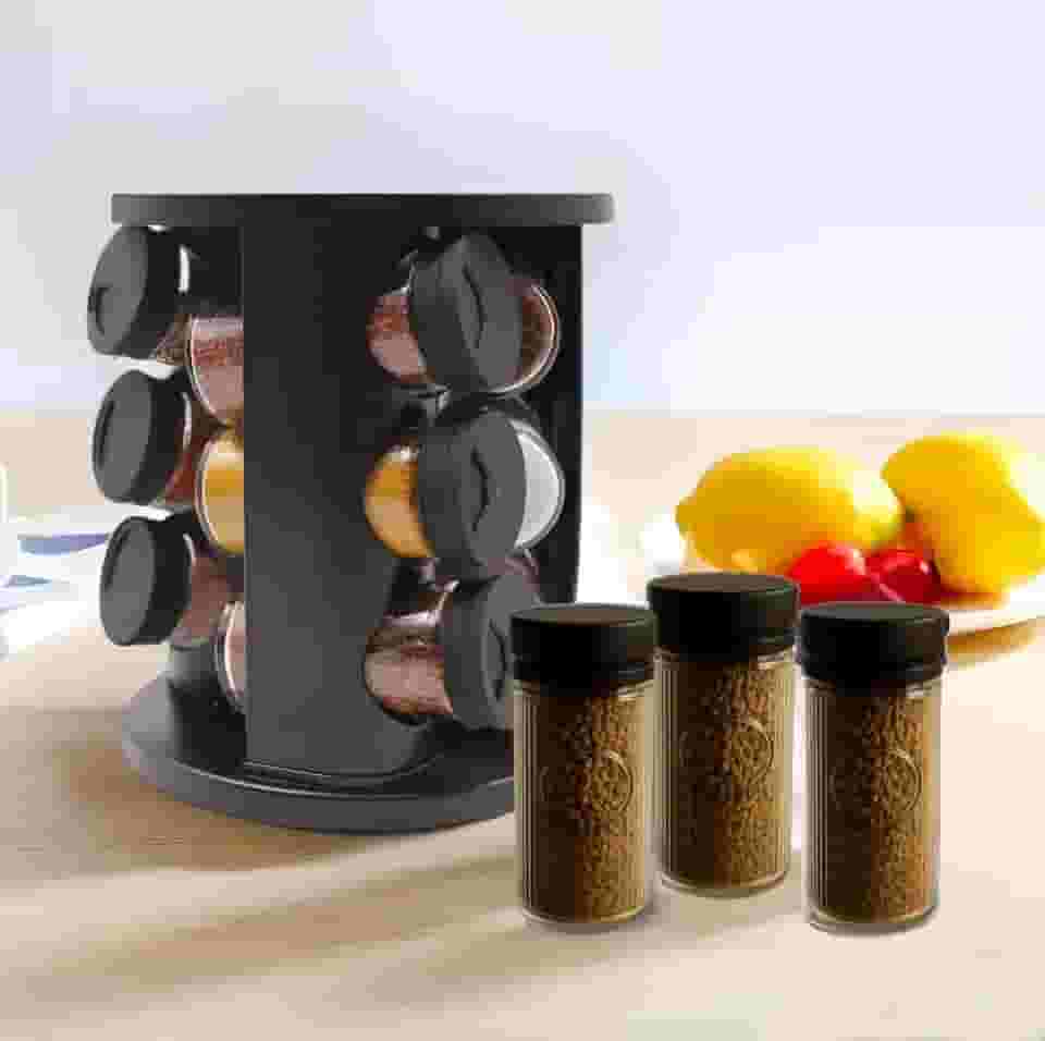 Porta Temperos e Condimentos Organizador com Suporte Giratório - Kit com 9 Potes de Vidro de 85ml – Preto