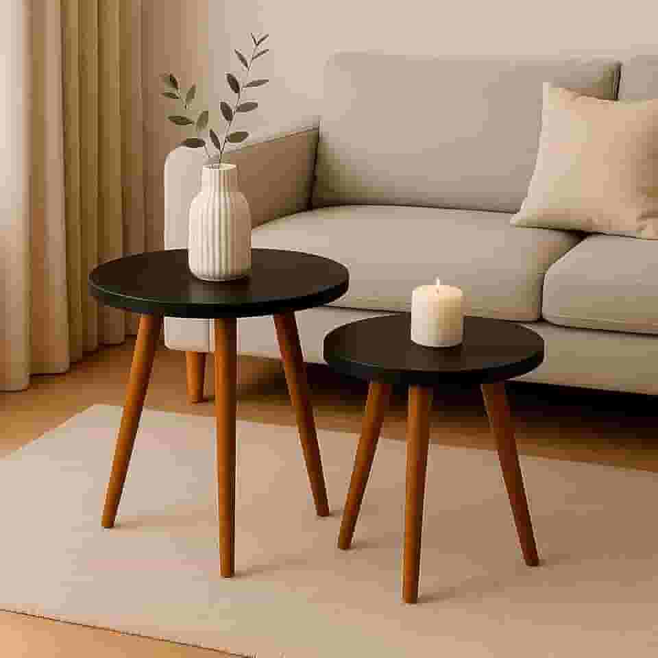 Kit 2 Mesas Cora de Canto Redondas Pé Palito MDF Preto Mesa Lateral para Sala Quarto Escritório