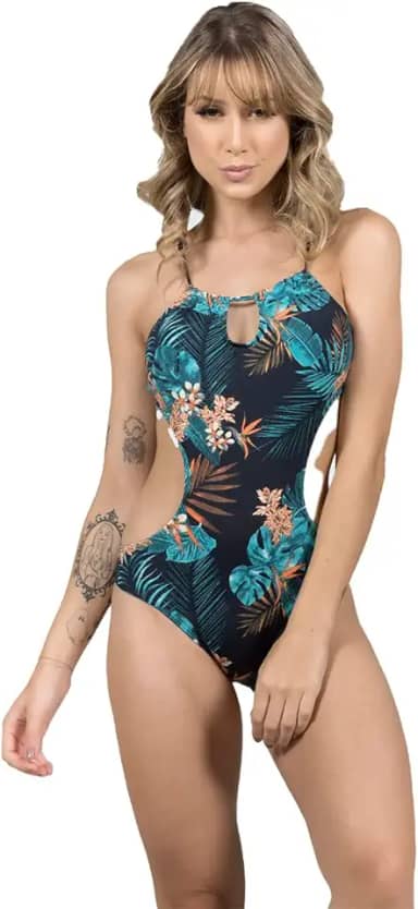 Maiô Engana Mamãe Bella Fiore Estampado Sem Bojo Detalhe X Costas Moda Praia