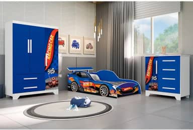 Jogo Quarto Infantil Completo Carro Com Colchão - Azul