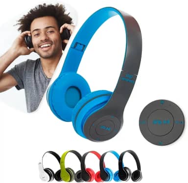Fone de Ouvido Bluetooth Headphone P47 Sem Fio Wireless Micro Sd 5.0 Dobrável Com Microfone Regulável Para Corrida Academia Escritório Caminhada Reunião Linha Premium (Azul)
